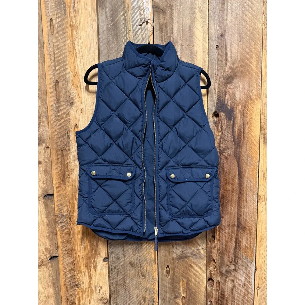 J Crew Down Puffer Vest Womens Medium Navy Quilted Preppy‎ Outdoor Nautical